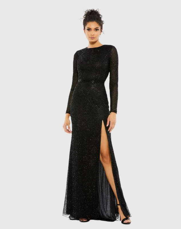 Limited Time Beaded High Neck Long Sleeve Gown With Detailed Belt