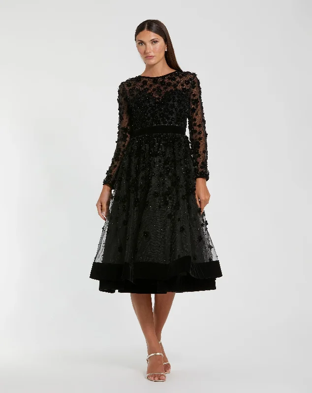 Take Advantage Black Embellished Illusion High Neck Long Sleeve Fit & Flare Dress