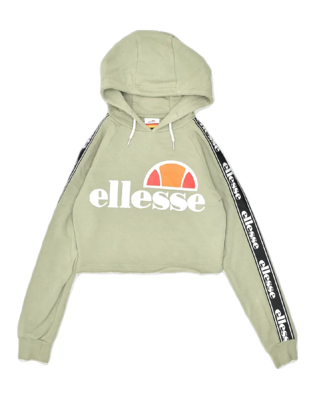 Bargain Prices ELLESSE Womens Graphic Crop Hoodie Jumper UK 4 XS  Khaki Cotton