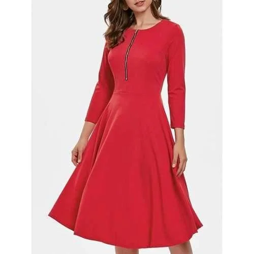 Early Access Three Quarter Sleeve Flowing Dress with Zipper - Red L