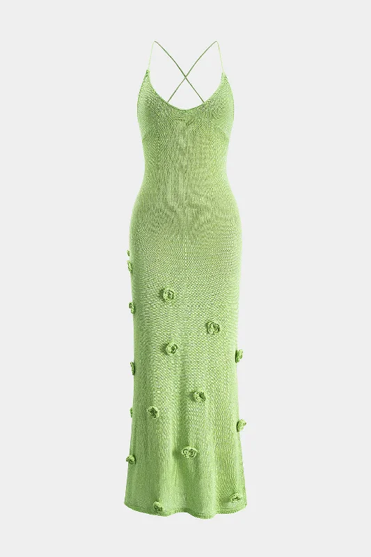 Weekend Flash Sale 3D Flower Knit Tie Back Backless Slip Dress