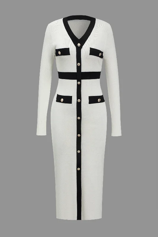 Limited Quantity Color Block Knit Button Long-Sleeve Dress