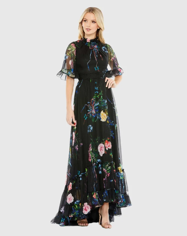Price Meltdown Floral Print Ruffled High Neck Flutter Sleeve Gown