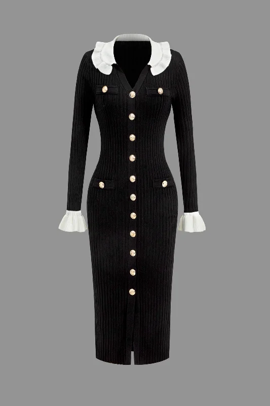 Warehouse Sale Ruffled Cuffs And Collar Ribbed Knit Button Front Midi Dress