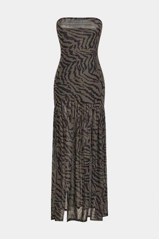 Price Reduction Zebra Stripe Print Backless Slit Strapless Maxi Dress
