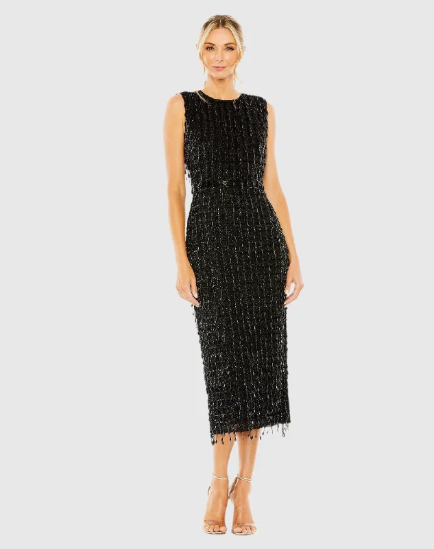 Daily Deals Black Sleeveless High Neck Beaded Midi Sheath Dress