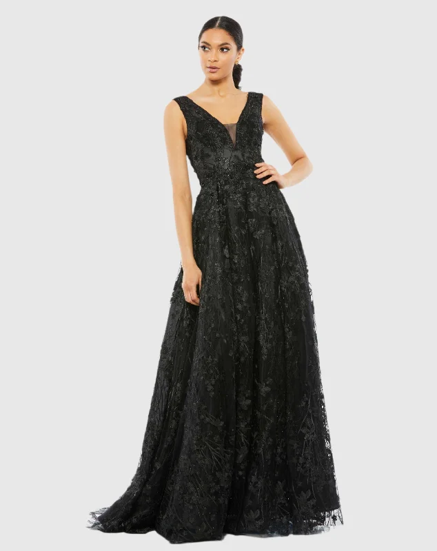 Price Break Black Floral Embroidered Illusion V-Neck Gown