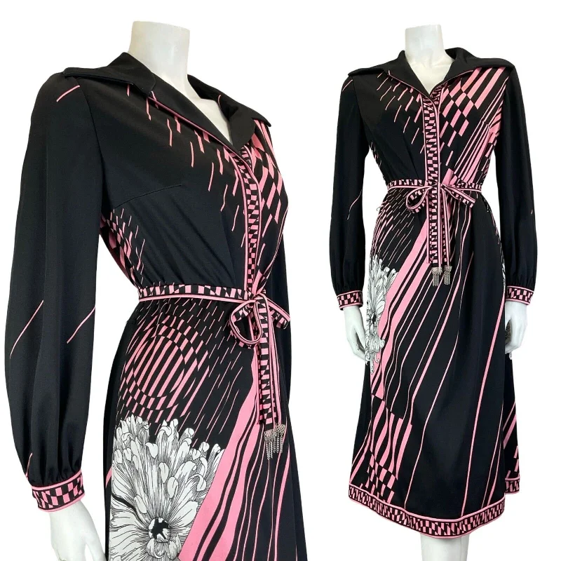 Special Offer VTG 70S BLACK PINK GEOMETRIC JOHHNY COLLAR WHITE FLOWER BELT DRESS SIZE 14