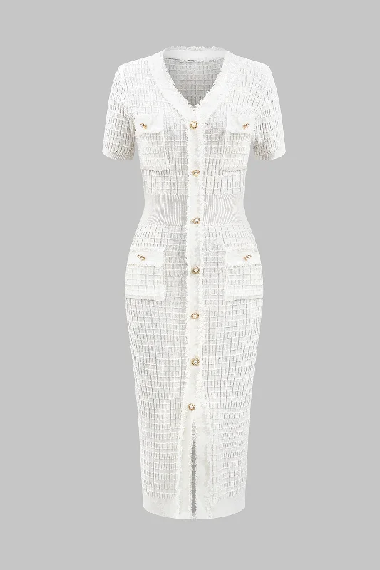Fantastic Deals Knit V-Neck Button Short Sleeve Dress