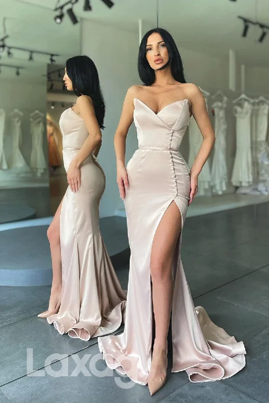 Online Only 17739 - Sexy V-neck Elastic Satin Split Mermaid Prom Dress