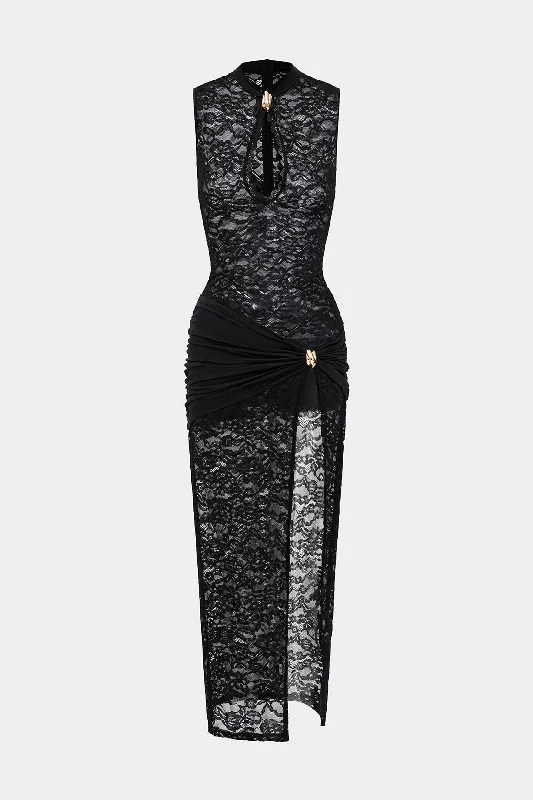 Super Savings Lace Metallic Ruched Cut Out Zipper Slit Maxi Dress