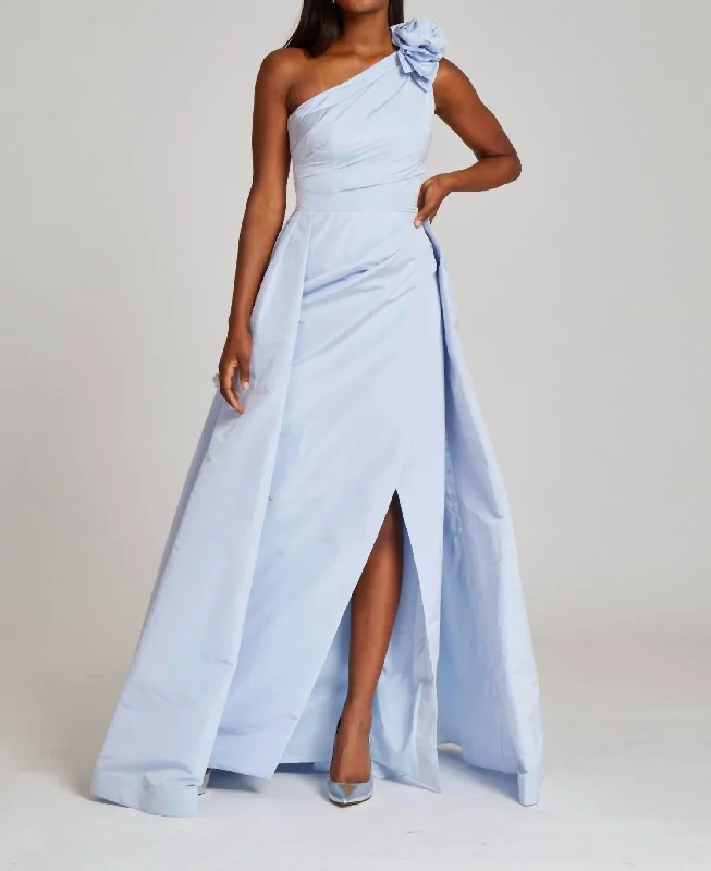 Take Advantage One Shoulder Gown With Overskirt & Rose Detail In Ice Blue