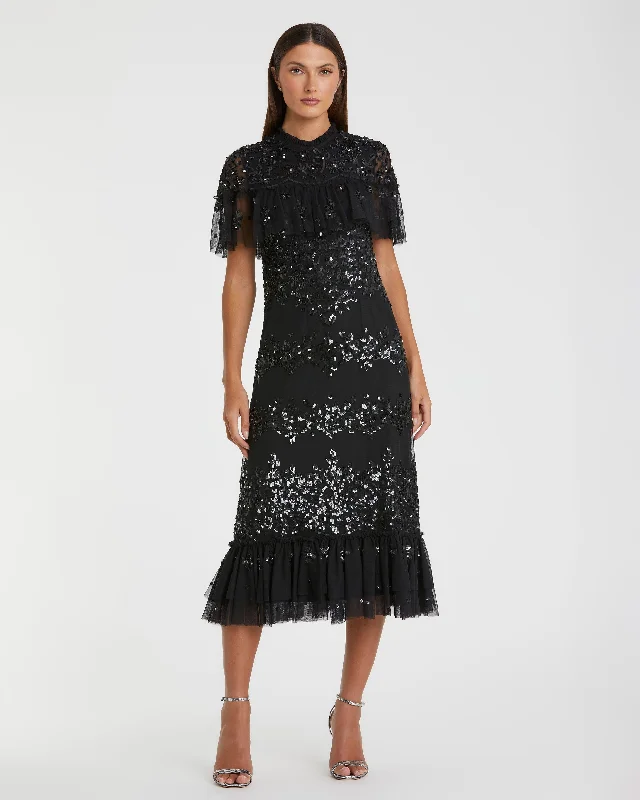 Early Access Sequined High Neck Ruffled Flutter Sleeve Midi Dress