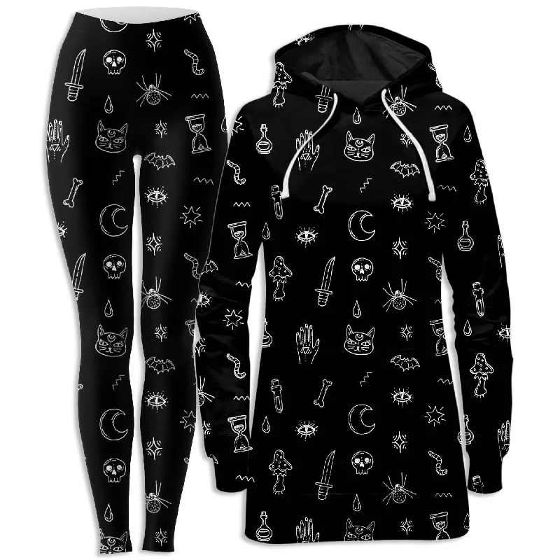 Act Now Black Pattern Hoodie Dress and Leggings Combo