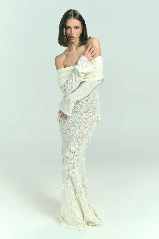 Anniversary Sale Kiki Off Shoulder Knit Rose Maxi Dress - Ivory
