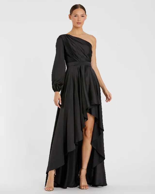 Shop and Save Black High Low One Shoulder Flowy Gown