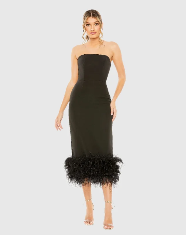 Instant Discount Black Strapless Column Dress with Feather Trim