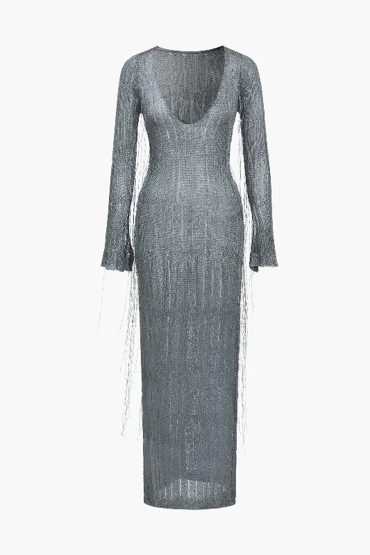 Crazy Savings Solid Knit Fringe V-Neck Long Sleeve Maxi Dress