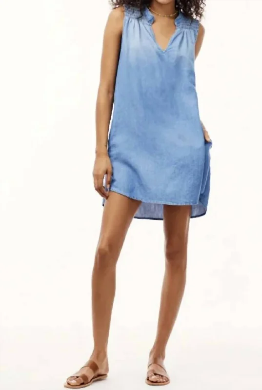 Weekend Deal Smocked Yoke Mini Dress In Bermuda Wash