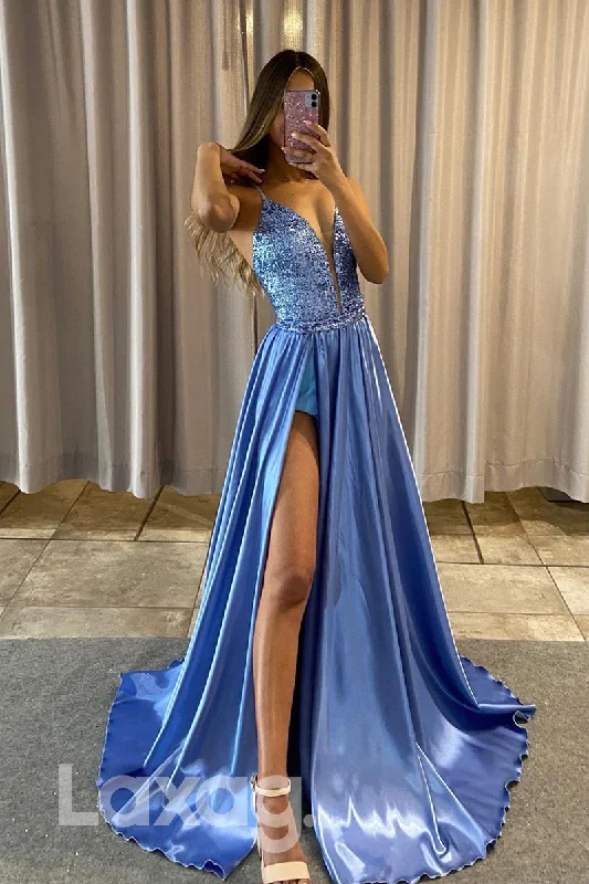Bonus Savings 17789 - Plunging V-Neck Detachable Skirt Long Prom Dress with Slit