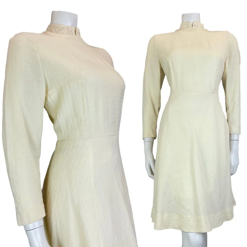 Price Cut VTG 60S MOD BRIDAL BEADED MANDARIN COLLAR 3/4 SLEEVE MINI DRESS CREAM WHITE 12 Price Cut VTG 60S MOD BRIDAL BEADED MANDARIN COLLAR 3/4 SLEEVE MINI DRESS CREAM WHITE 12
