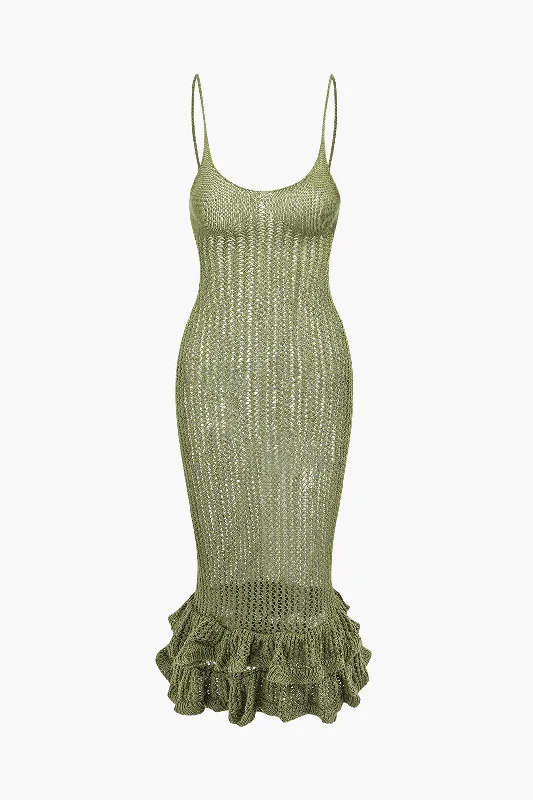 Midnight Madness Open Knit Ruffle Hem Cami Midi Dress