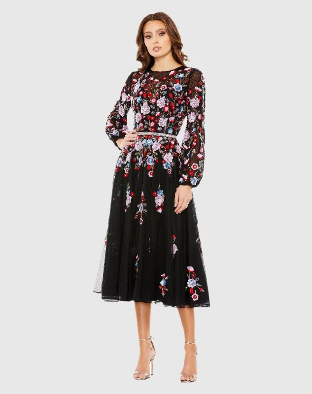 Epic Deals Sequined Floral High Neck Puff Sleeve Cocktail Dress