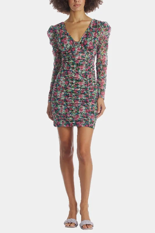 Price Drop Bristol Floral Ruched Long Sleeve Mini Dress In Black Pink Floral