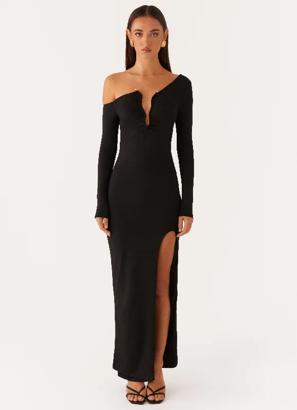 Overstock Claudette Asymmetric Long Sleeve Maxi Dress - Black