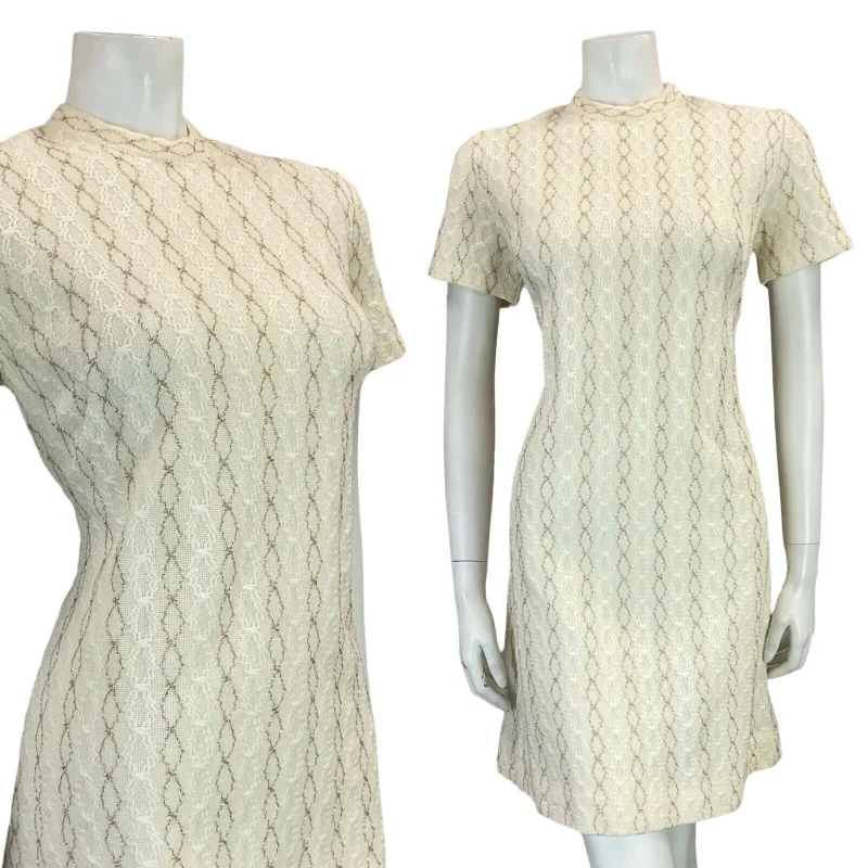 Season Finale Sale VTG 60S MOD WOOL TEXTURE CREAM GOLD SHORT SLEEVE MINI DRESS 11