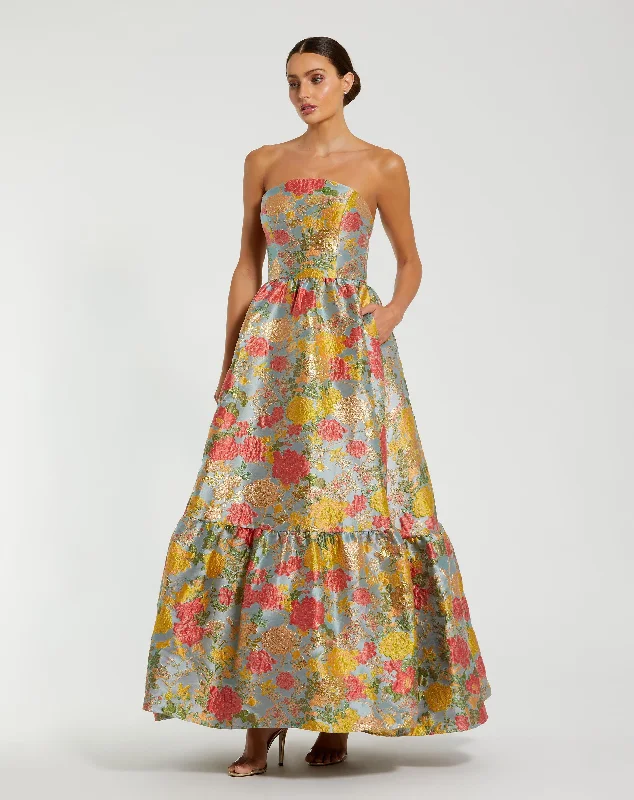Unbeatable Prices Strapless Brocade Floral Gown With Ruffle Hem