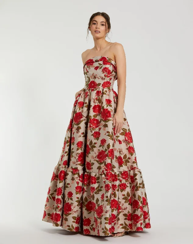 Act Fast Brocade Strapless Floral Gown With Ruffle Hem