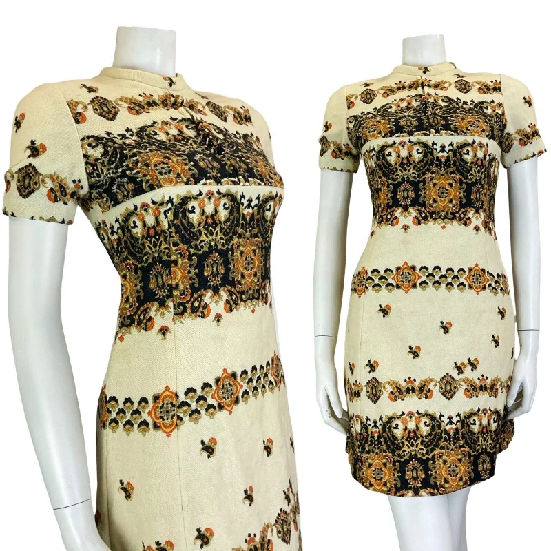 Final Clearance VTG 60S PAISLEY HIPPY MOD CREAM BLACK ORANGE WOOL SHORT SLEEVE SHIFT DRESS SIZE6