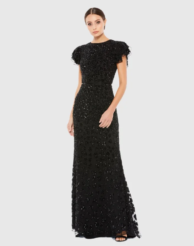 Exclusive Deal Black High Neck Flutter Cap Sleeve Gown