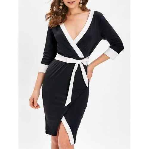 Huge Savings Two Tone Self Tie Wrap Dress - Black M