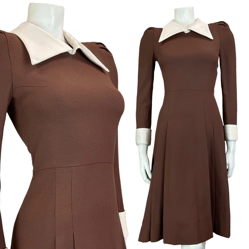 Year-End Clearance VTG 70S BROWN WHITE WING COLLAR PLEATED LONG SLEEVE MIDI DRESS SIZE 6 Year-End Clearance VTG 70S BROWN WHITE WING COLLAR PLEATED LONG SLEEVE MIDI DRESS SIZE 6