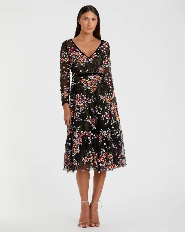Final Clearance Black Floral Embroidered Tea Length Dress