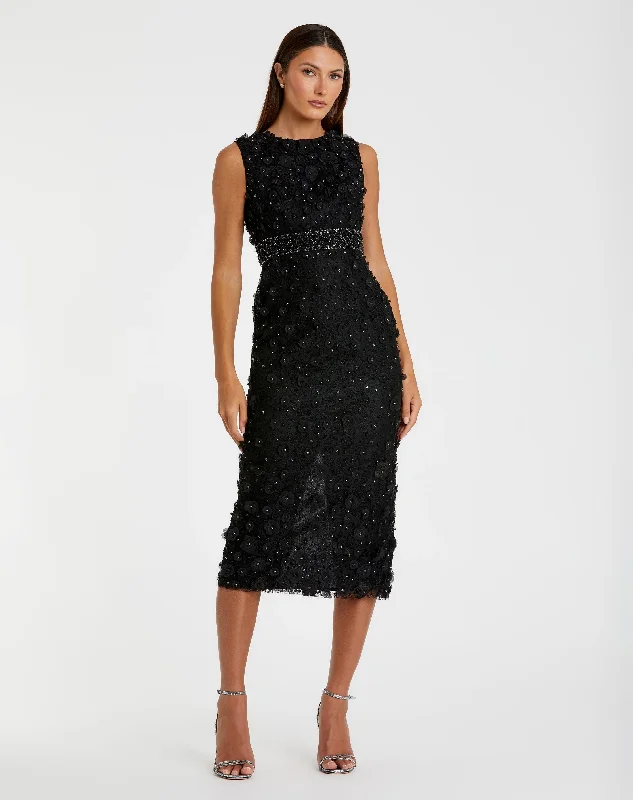Flash Deals Black Floral Applique Sleeveless Midi Dress