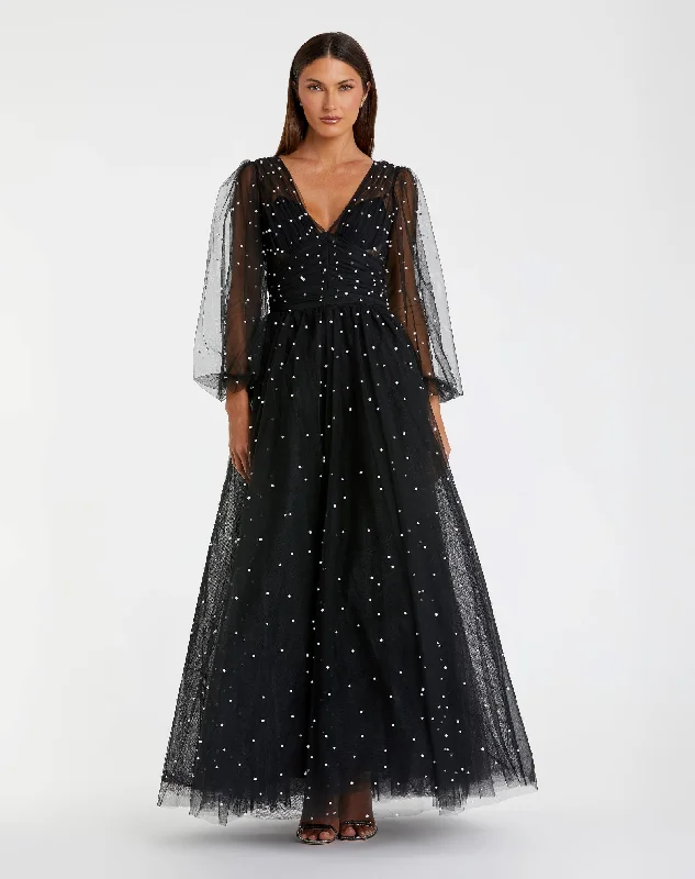 Best Deals Long Sheer Sleeve Draped Pearl Beaded Gown