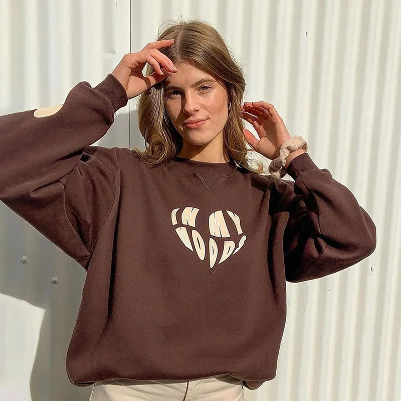 Hurry In Autumn Winter Women Heart Letter Print Pullover Casual Sweatshirt