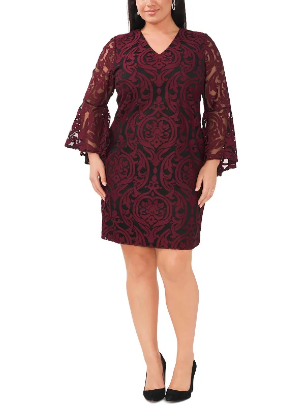 Bonus Savings Plus Womens Mesh Overlay Bell Sleeves Cocktail and Party Dress