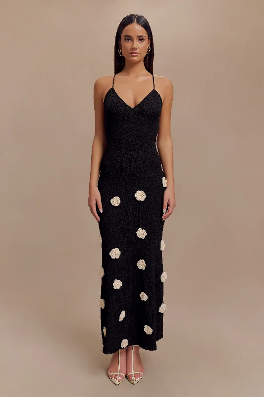 Limited Stock Suki Knit Maxi Dress With Flowers - Black/White