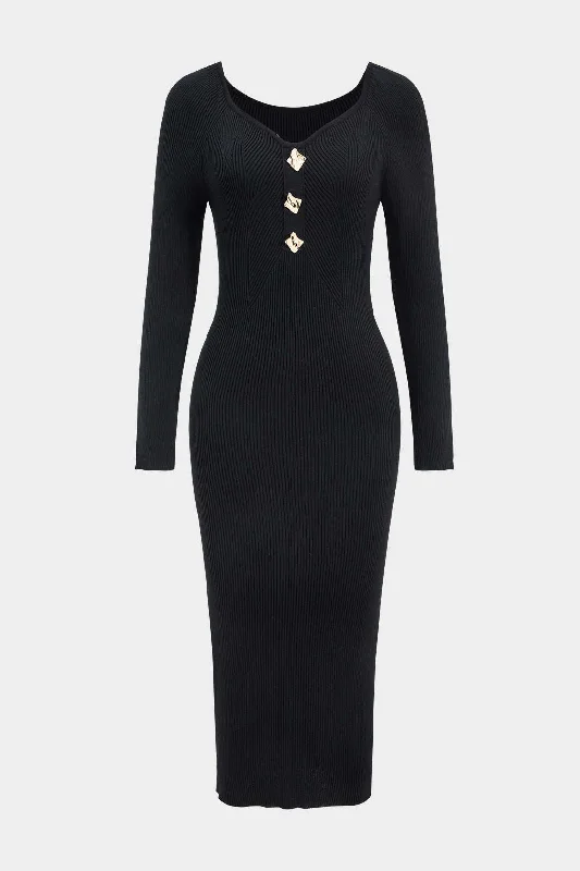 Price Slash Knit Metallic Button Long Sleeve Dress