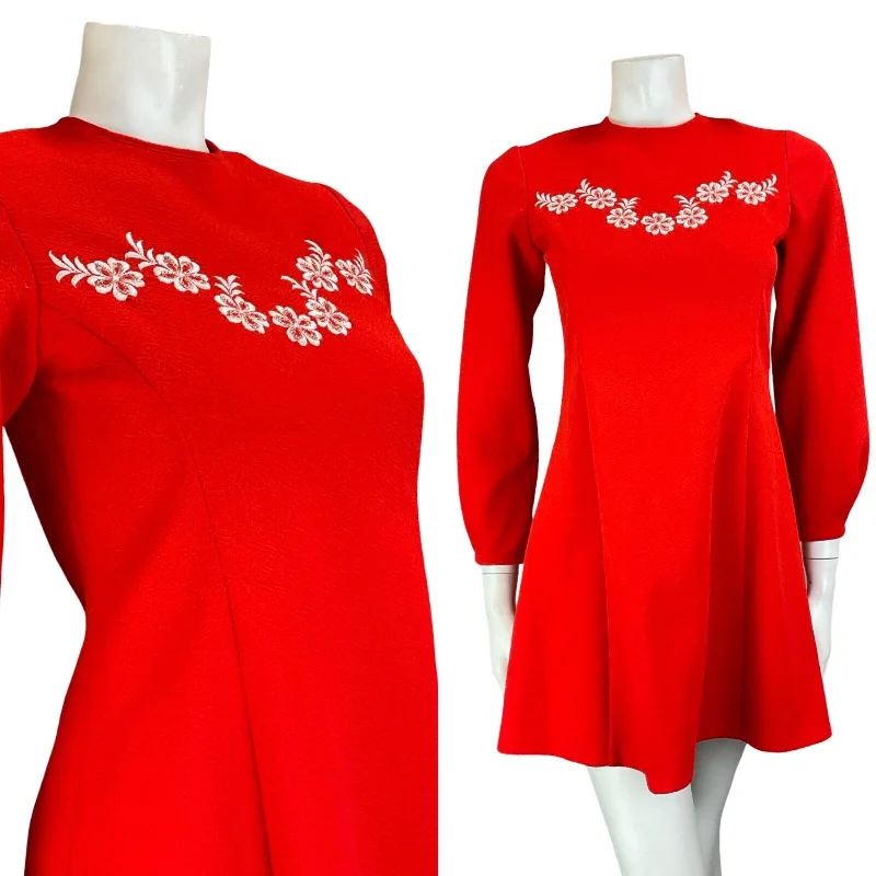 Bonus Savings VTG 60S RED WHITE MOD GOGO FLOWER EMBROIDERED WESTERN LONG SLEEVE MINI DRESS 6