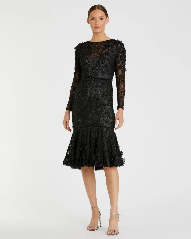 Inventory Reduction Floral Appliqué Long Sleeve Cocktail Dress