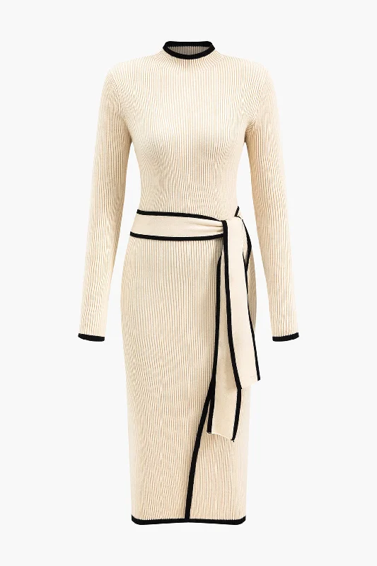 Low Prices Contrast Knit Tie-Up Long Sleeve Dress