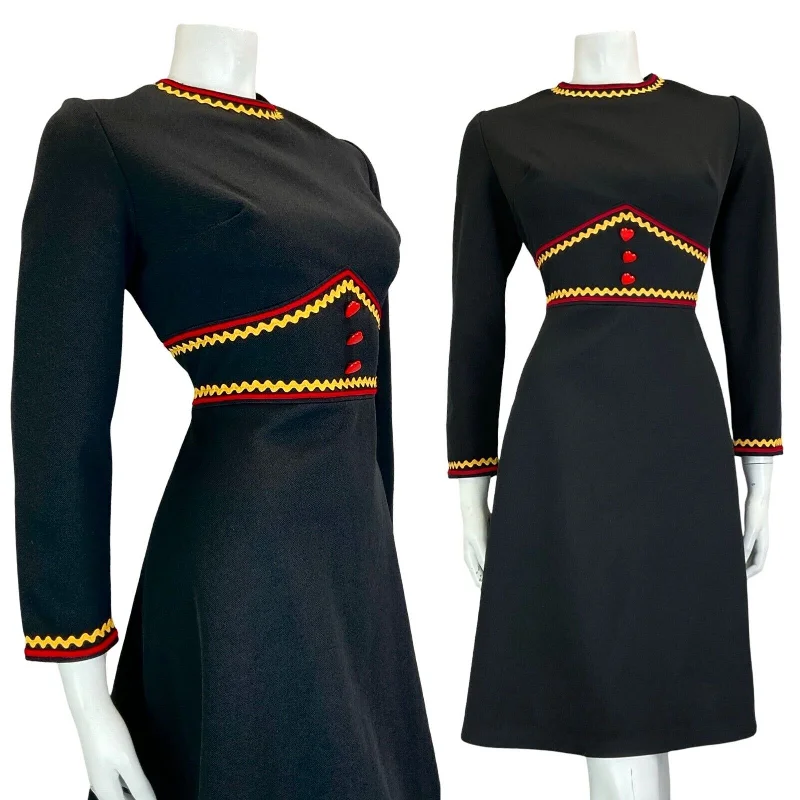 Deal Dash VTG 60S 70S MEDIEVAL MOD BLACK RED YELLOW RIC RAC LONG SLEEVE MINI DRESS 12