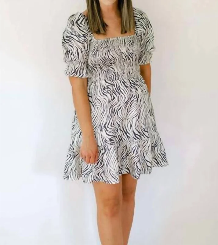 Deal Explosion Satin Smocked Zebra Dress In Navy/ivory
