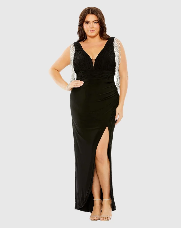 Exclusive Online Offer V-neck Gown with Fringe Detail on Shoulder (Plus)