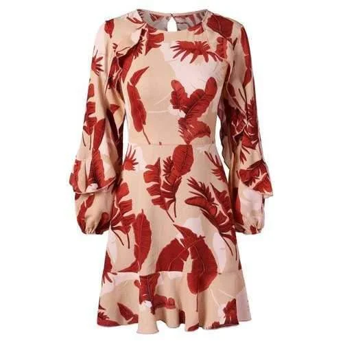 Bargain Prices Leaf Print Tie Back Flounce Dress - M